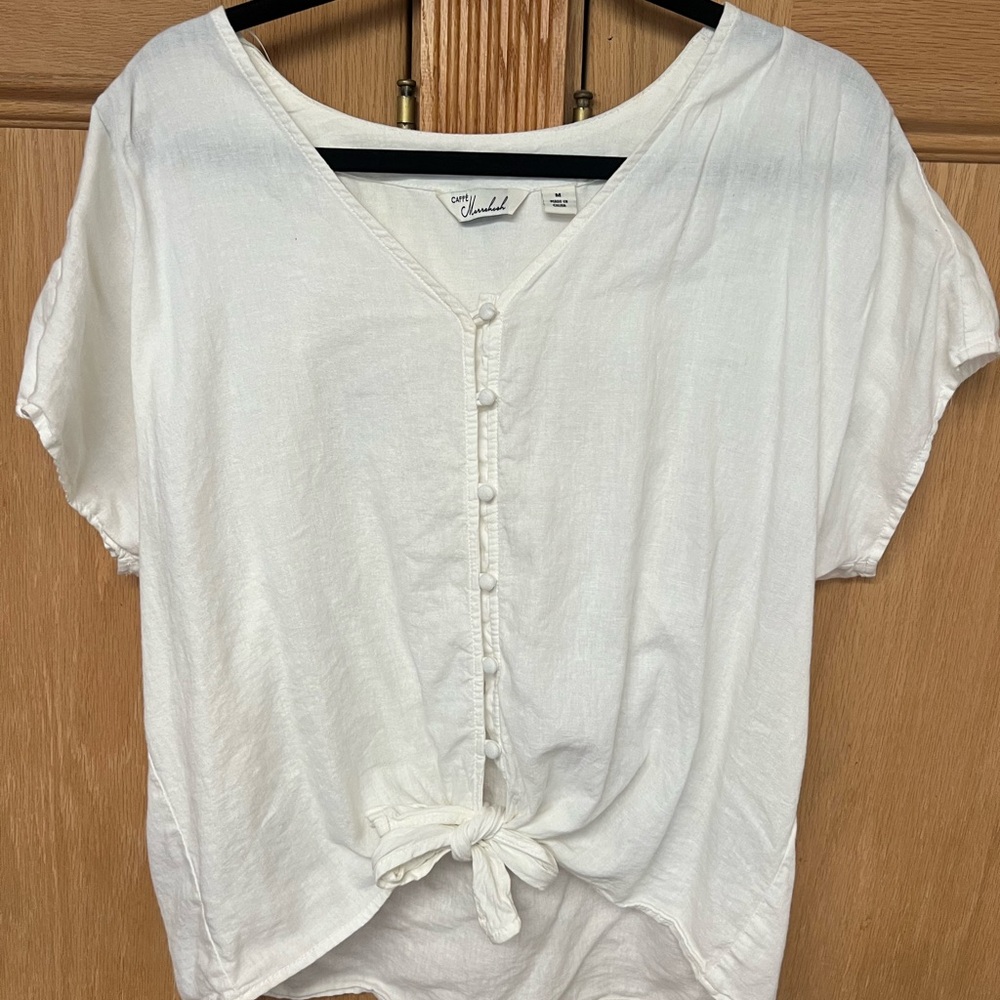 White Button-Down Tie-Front Top